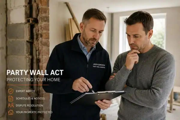 Party wall surveyor Stroud discussing extension plans with homeowner outside a UK semi-detached house.